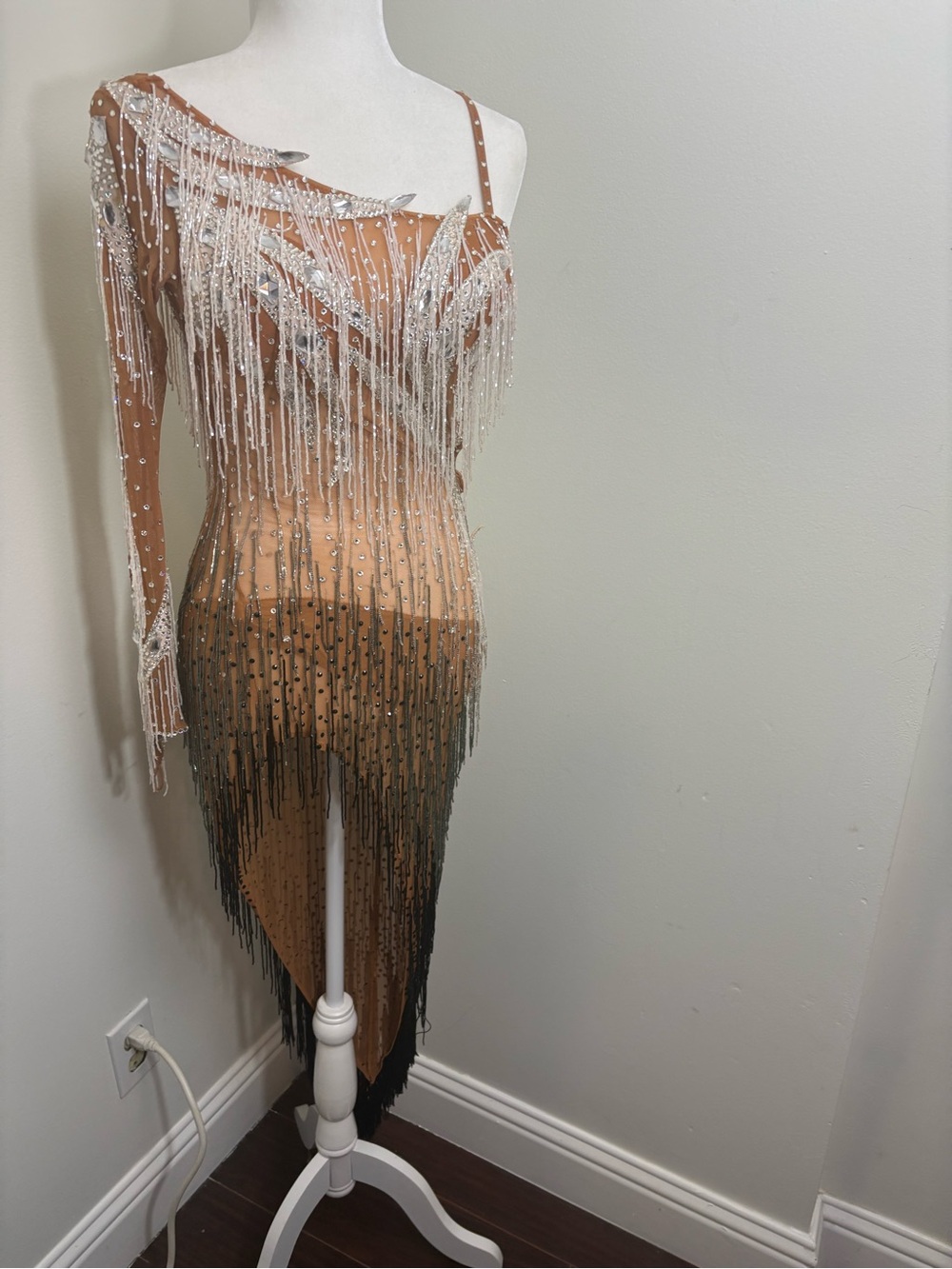 Latin Ballroom Competition Dress Black White Beaded Fringe Small